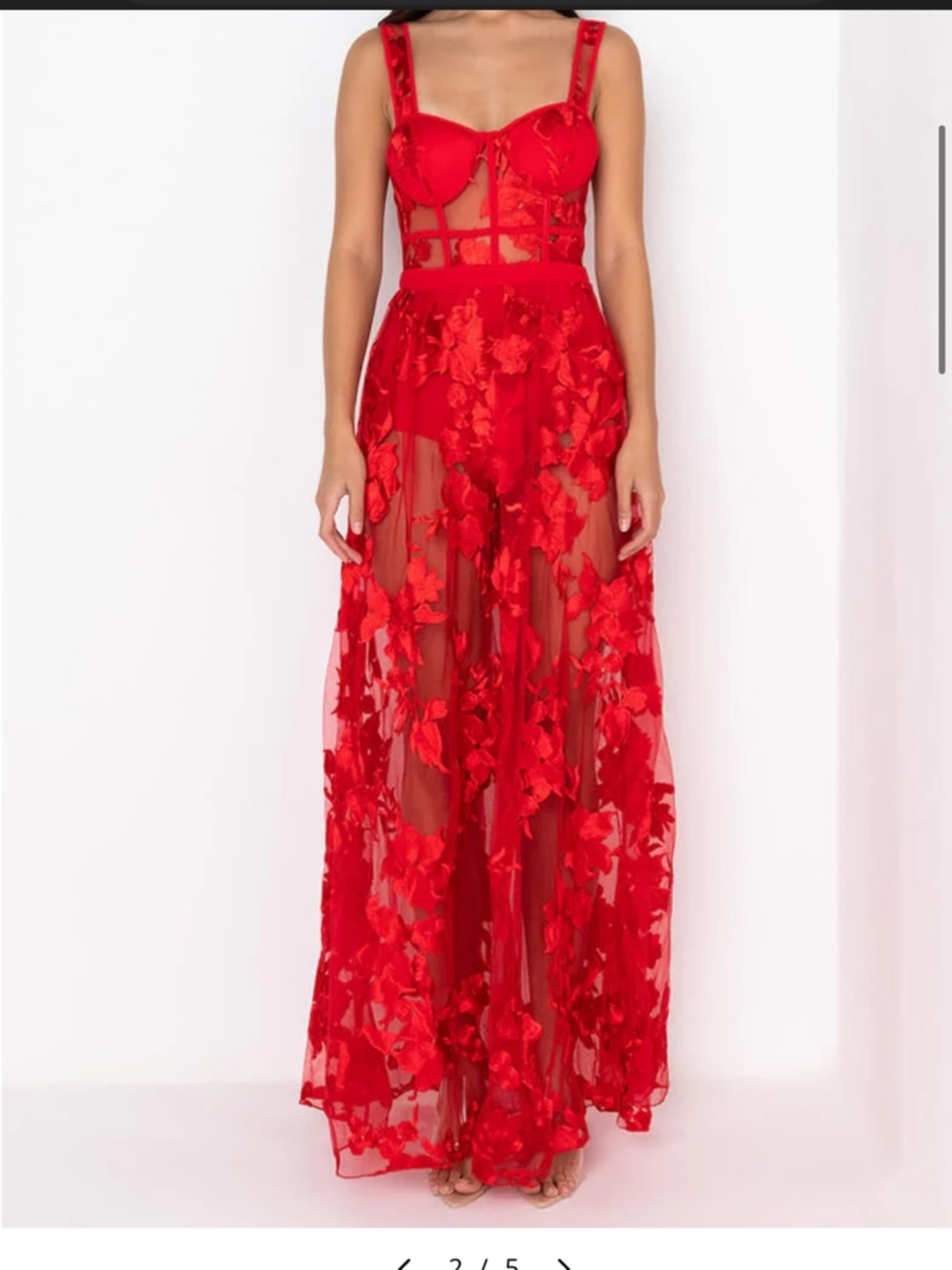 Red Sheer Floral Appliqué Maxi Dress